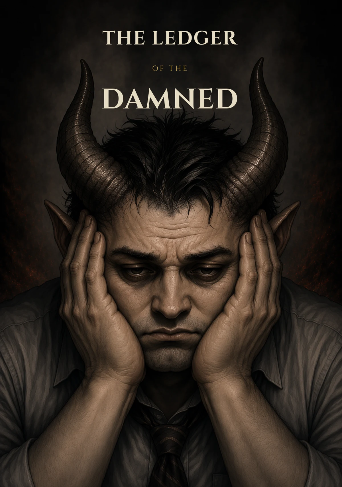 Cover of The Ledger of the Damned, showing an infernal clerk amid red tape and paperwork